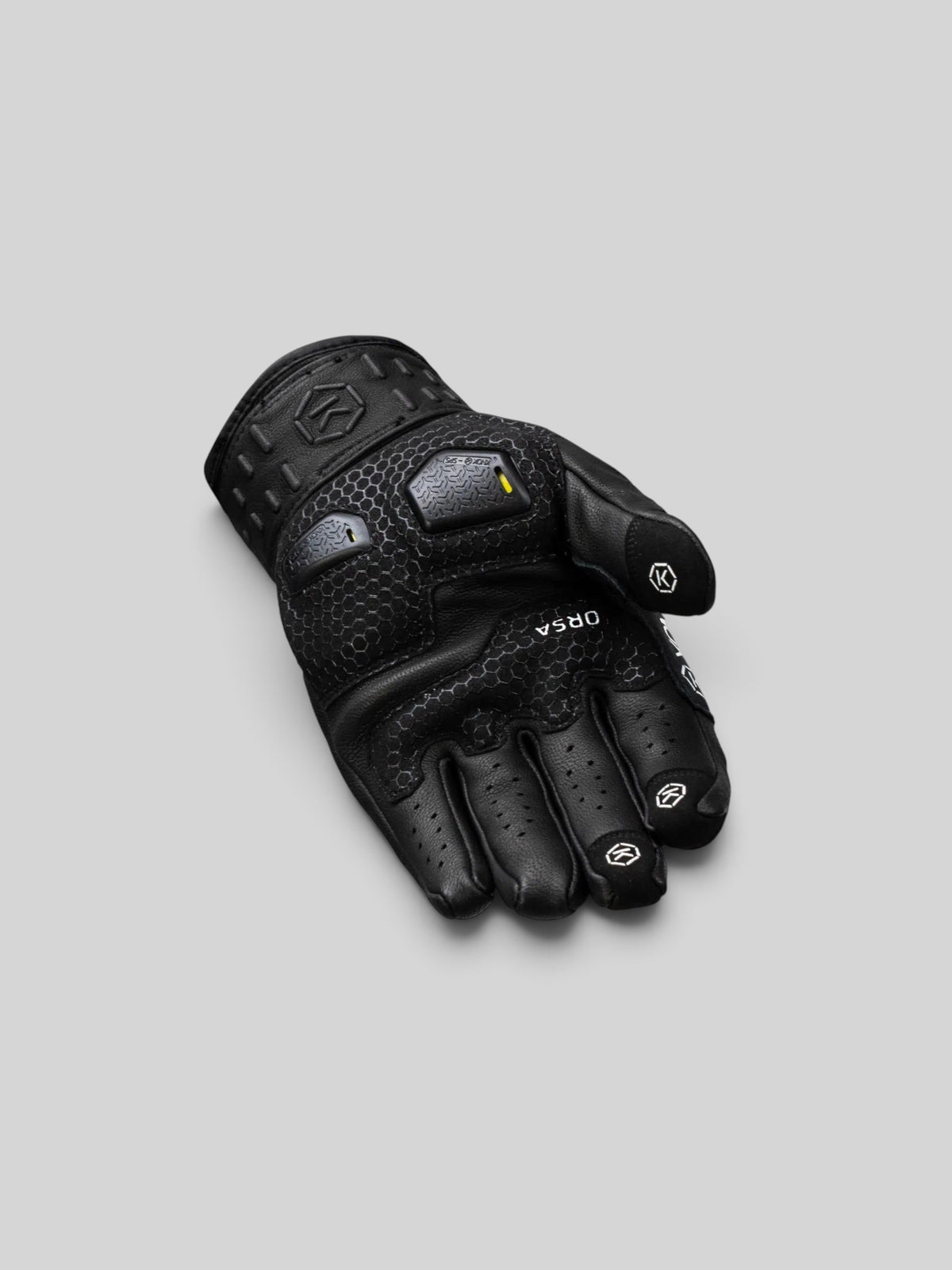 Baffle Haus Knox Orsa Mk3 black leather motorcycle glove with protective knuckle armour and perforated finger details.