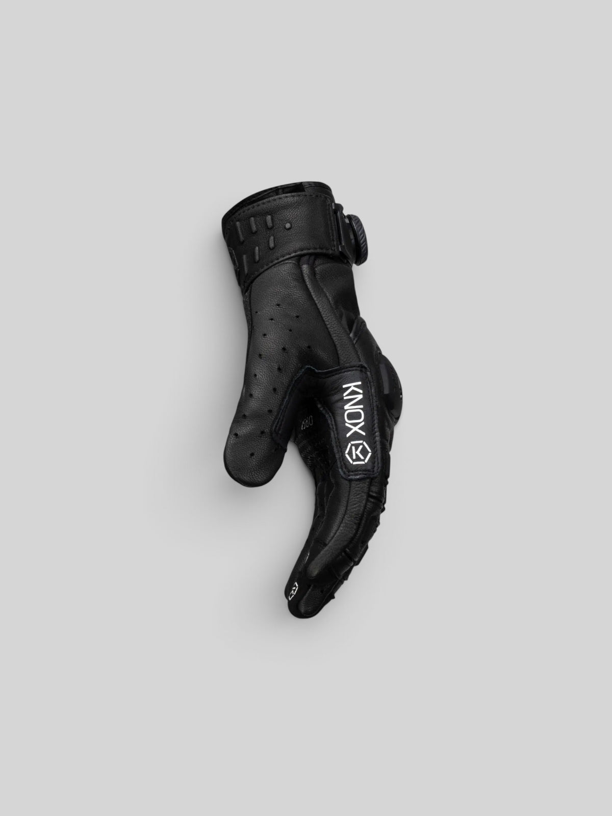 Baffle Haus ORSA Mk3 black goatskin leather motorcycle glove with BOA fit system and protective knuckle detailing.