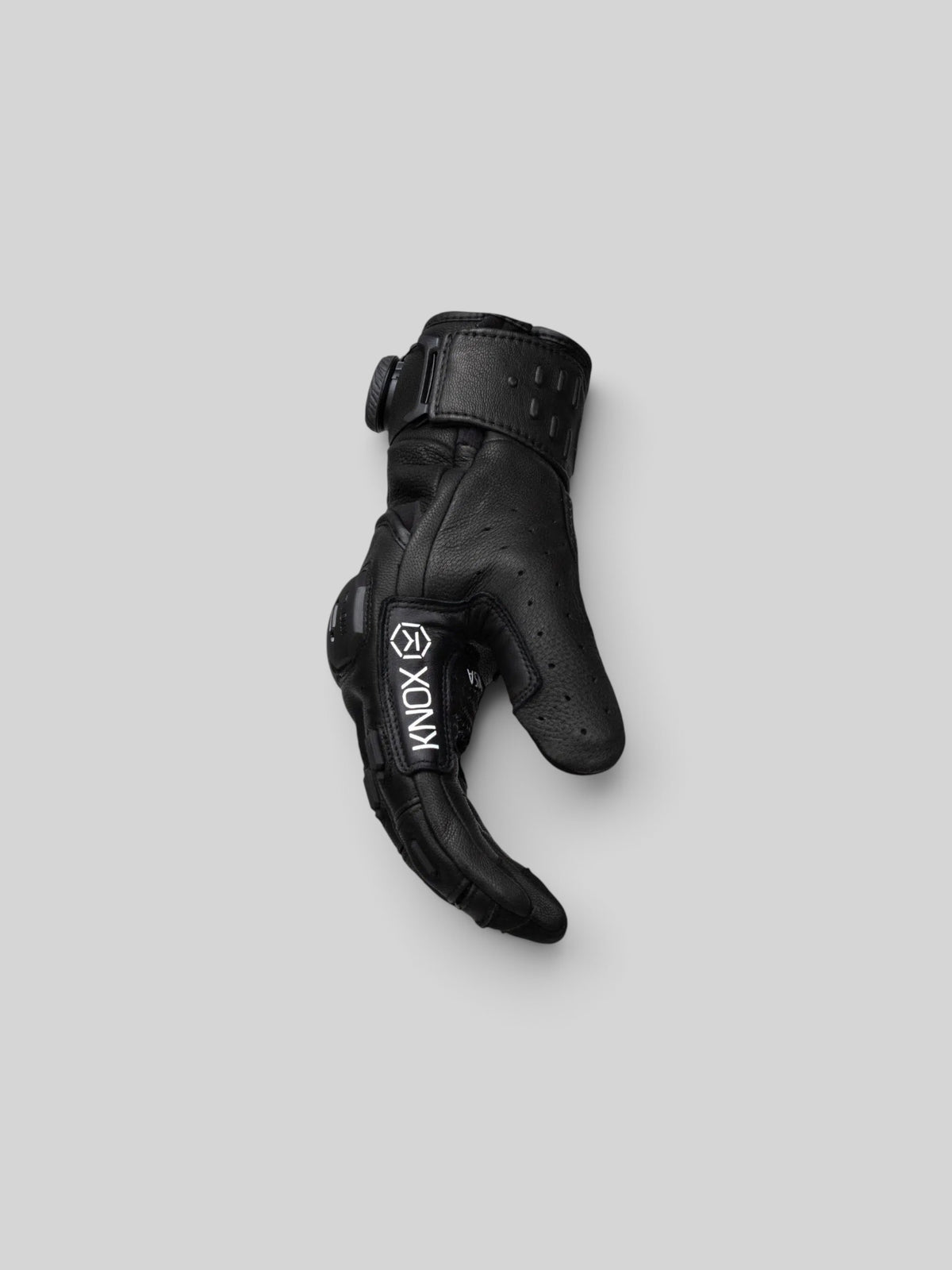 Baffle Haus ORSA Mk3 black goatskin leather motorcycle glove with BOA fit system and protective knuckle moulding.