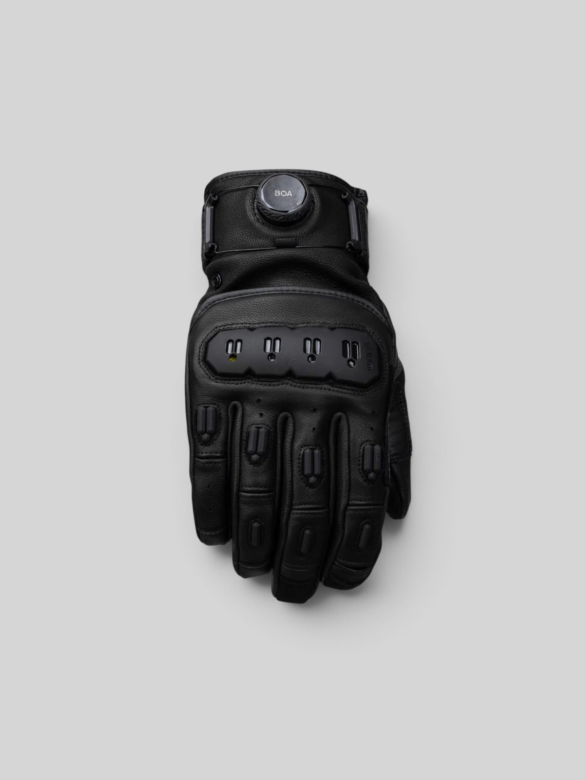 Baffle Haus ORSA Mk3 black leather motorcycle glove with BOA fit system, moulded finger protection, and knuckle guard.