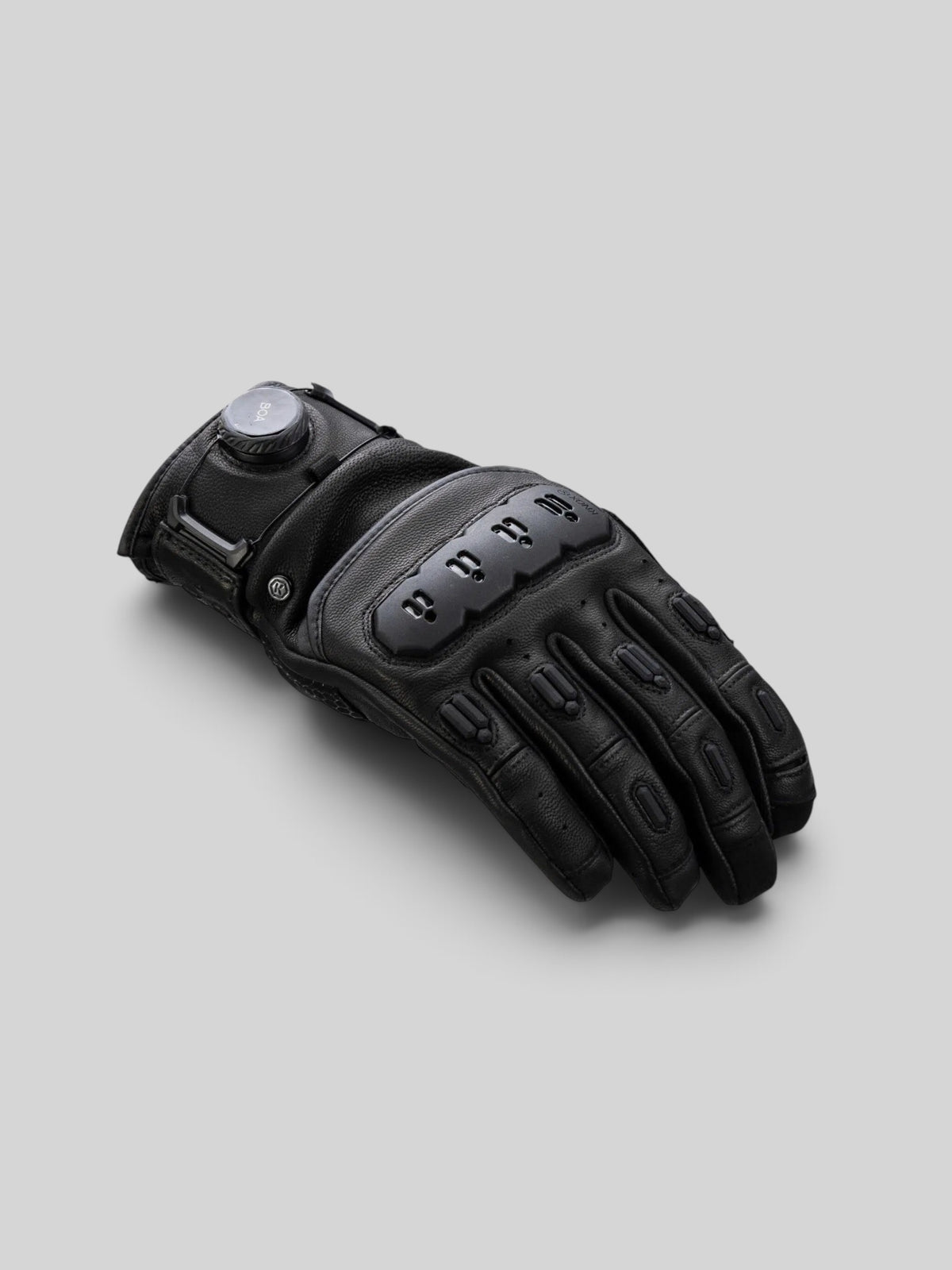 Baffle Haus Knox Orsa Mk3 black leather motorcycle glove with BOA fit system and protective moulded knuckle guards.