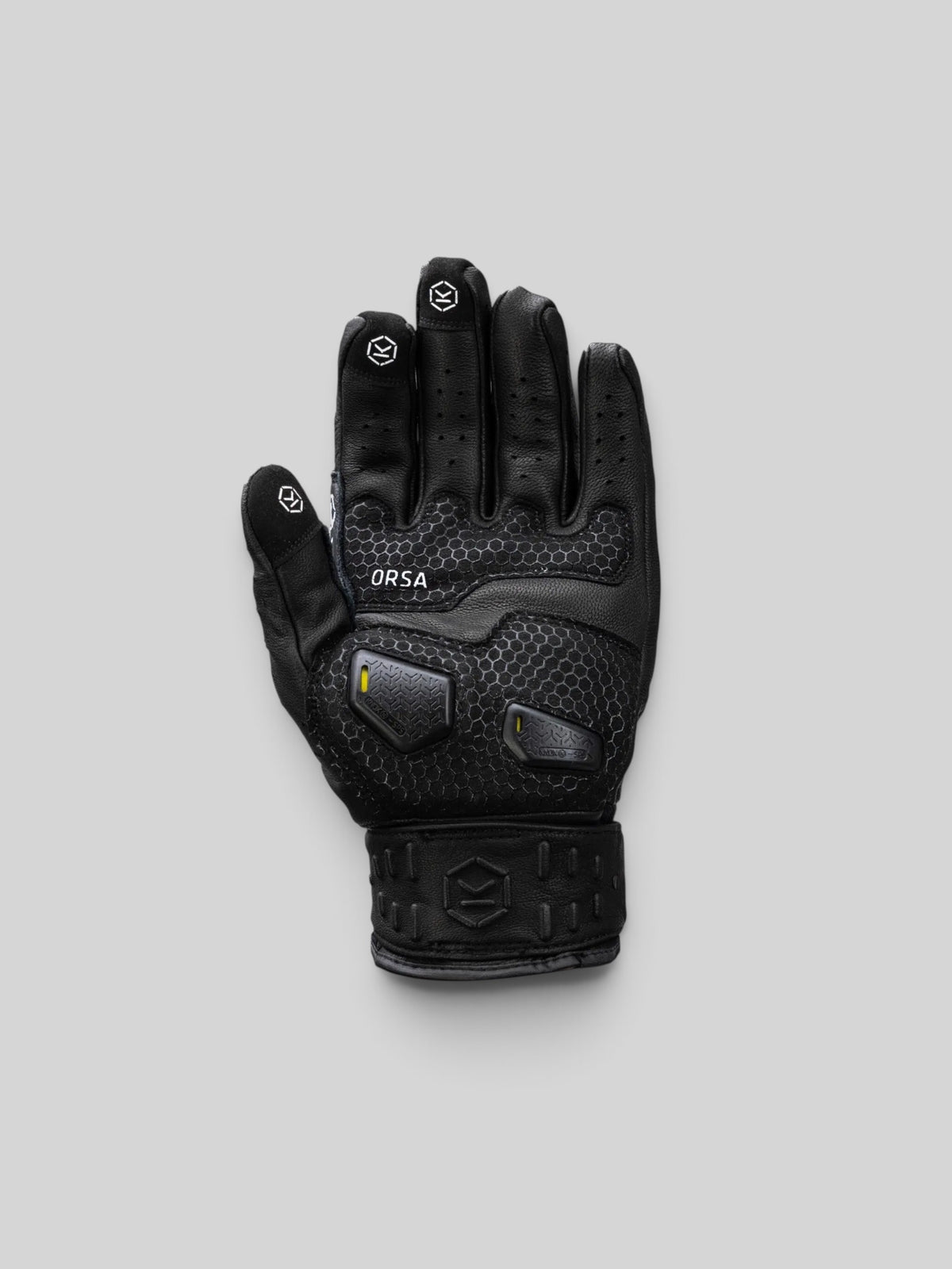 Baffle Haus Knox Orsa Mk3 black goatskin leather motorcycle glove with protective knuckle armor and touchscreen tips.