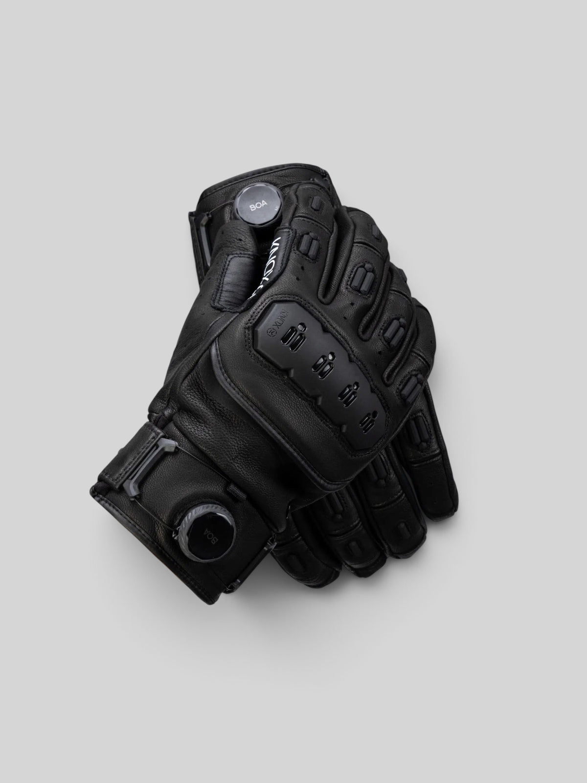 Baffle Haus Knox Orsa Mk3 black goatskin leather motorcycle gloves with BOA fit system and protective knuckle guards.