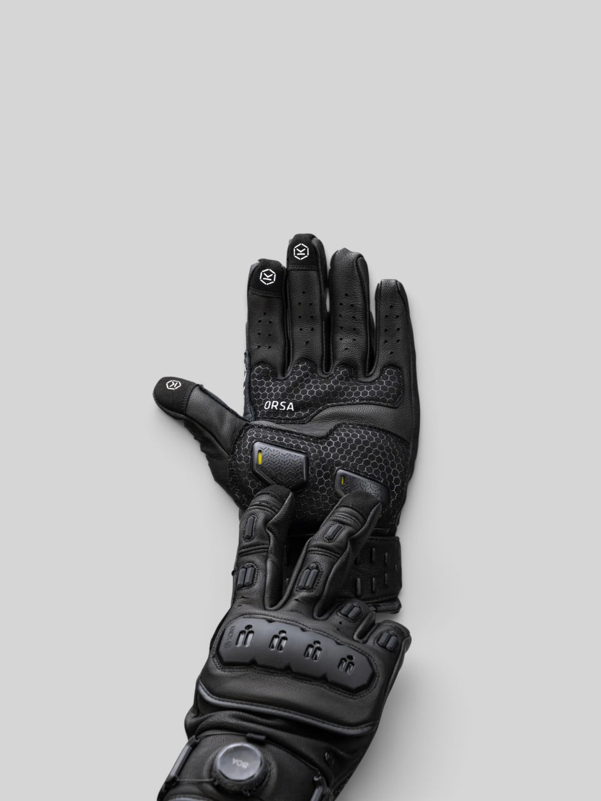 Baffle Haus ORSA Mk3 black goatskin leather motorcycle gloves with protective knuckle guards and BOA fit system.