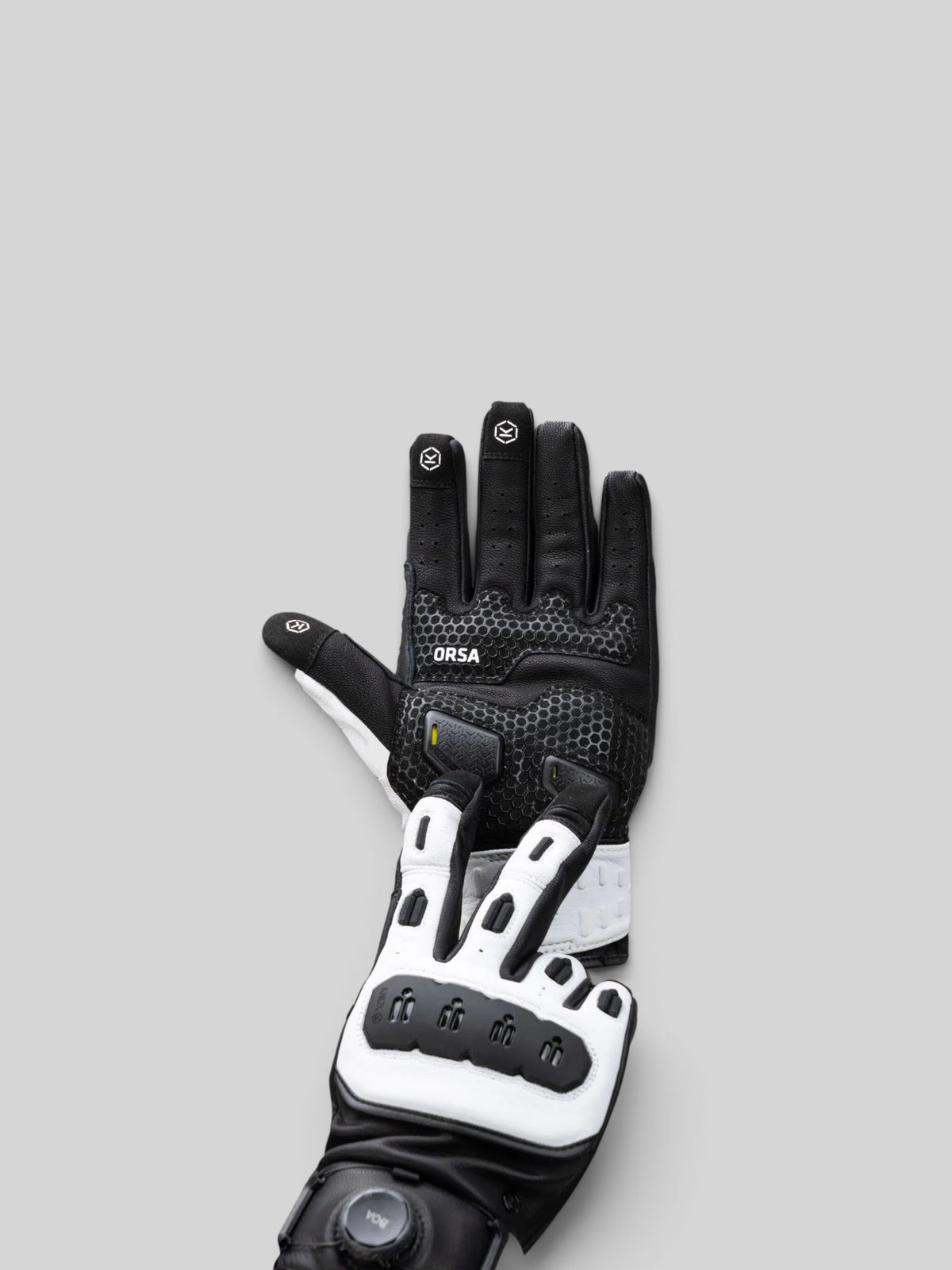 Baffle Haus Knox Orsa Mk3 white and black goatskin motorcycle gloves with BOA fit system and knuckle protection.