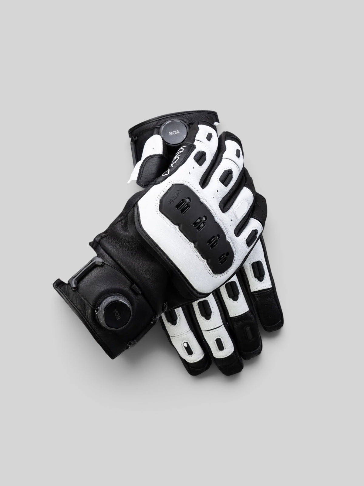 Baffle Haus Knox ORSA Mk3 white and black goatskin leather motorcycle gloves with BOA fit system and knuckle armor