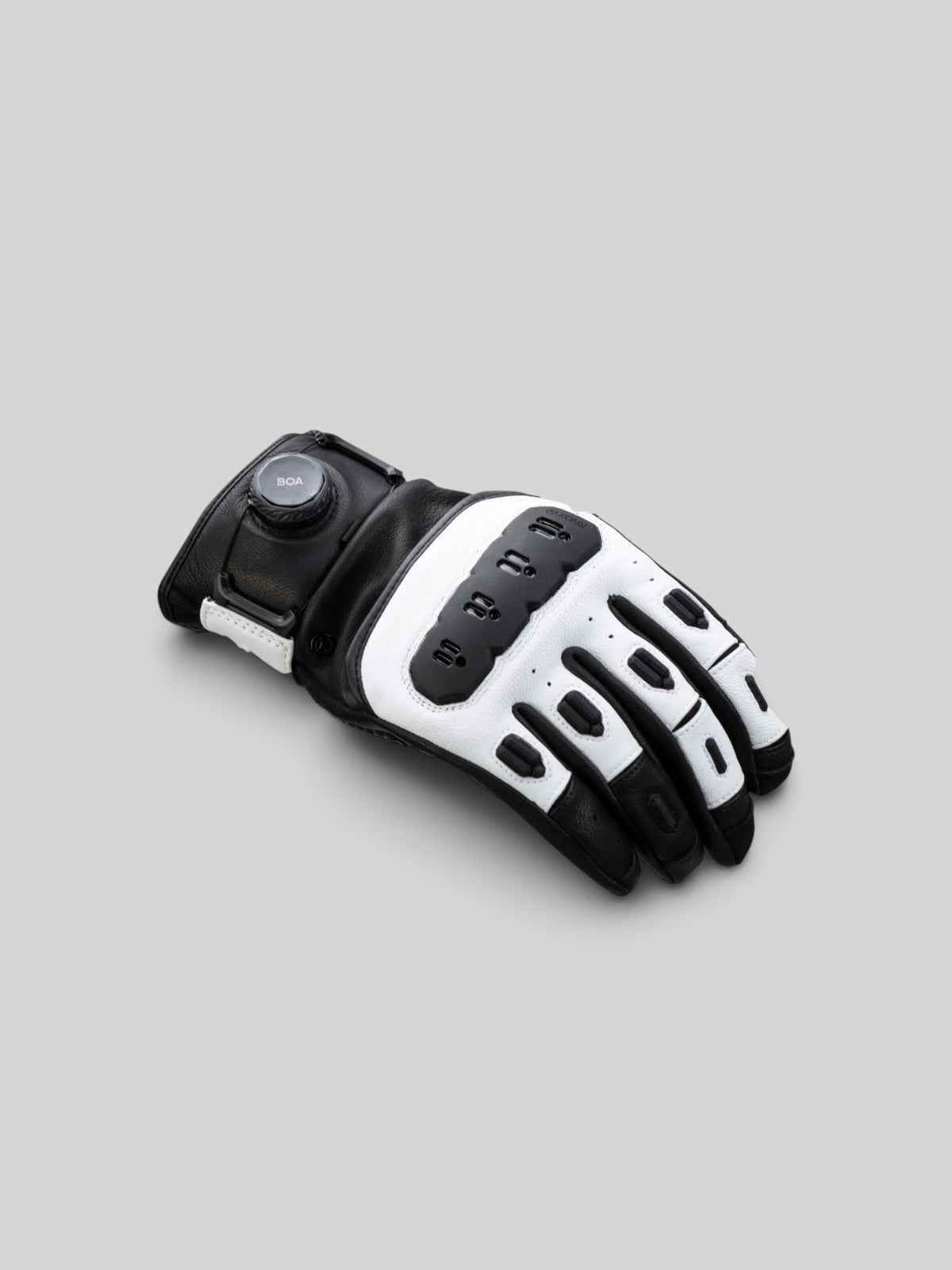 Baffle Haus Knox ORSA Mk3 white and black goatskin leather motorcycle glove with BOA fit system and knuckle protection