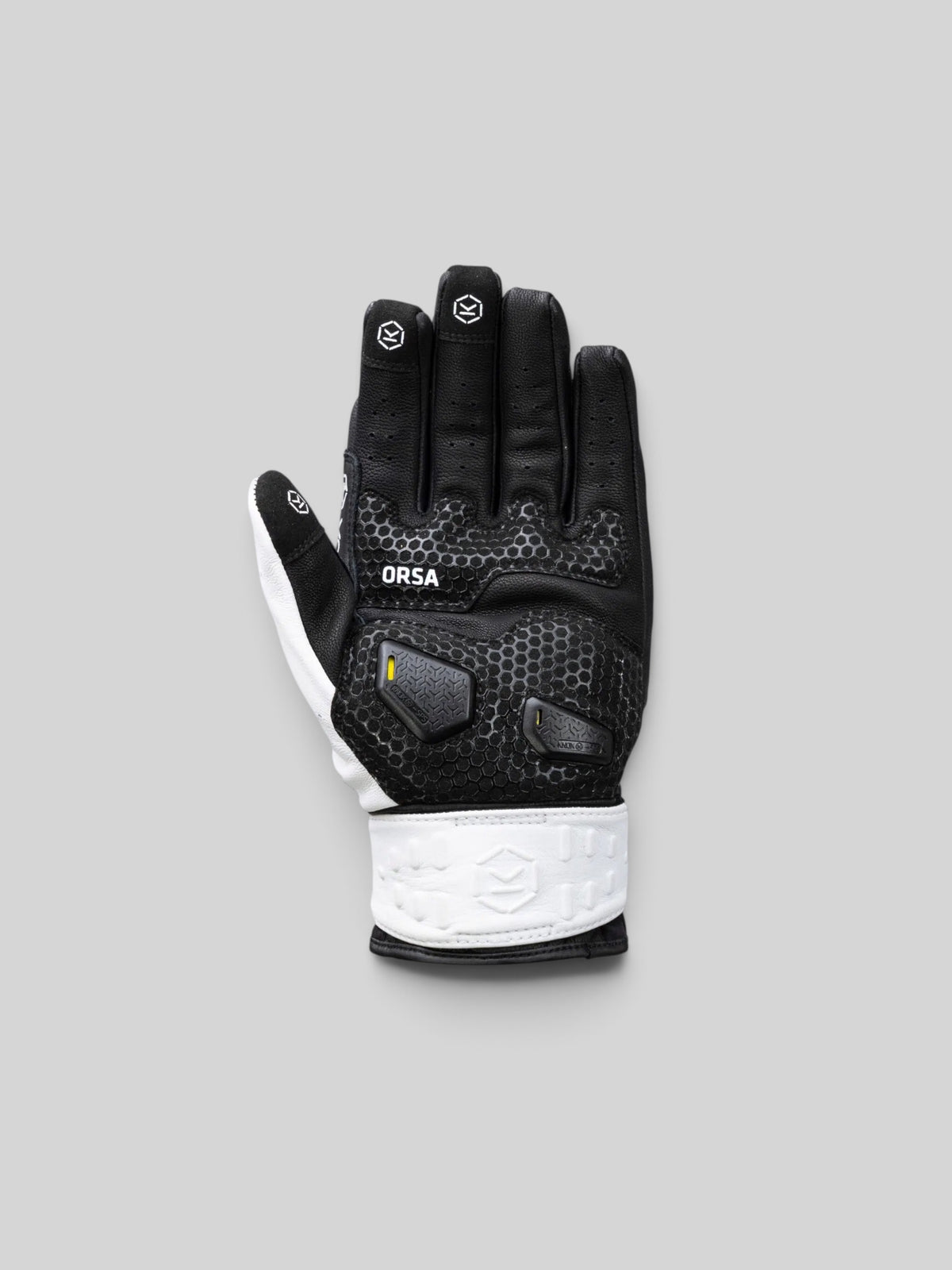 Baffle Haus Knox Orsa Mk3 white and black goatskin motorcycle glove with protective knuckle and finger armour