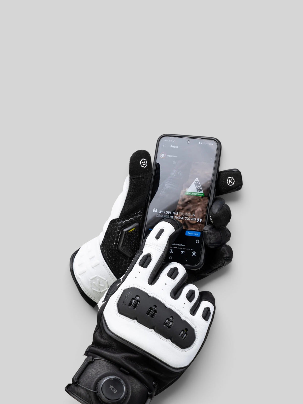 Baffle Haus Knox ORSA Mk3 white and black goatskin leather motorcycle gloves with BOA fit system and touchscreen use