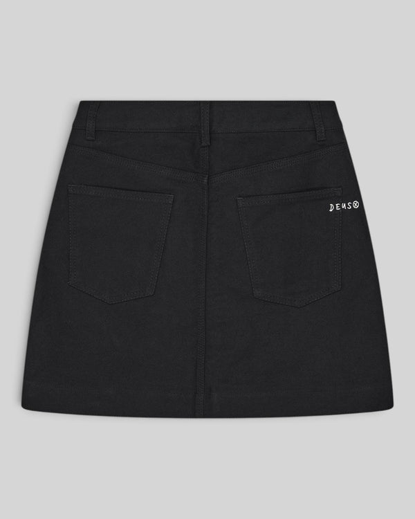 Baffle Haus Outlaw black moleskin mini skirt featuring back pockets with white Deus embroidery detail