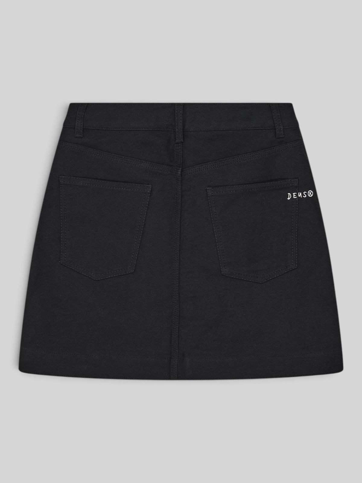 Baffle Haus Outlaw black moleskin mini skirt featuring back pockets with white Deus embroidery detail