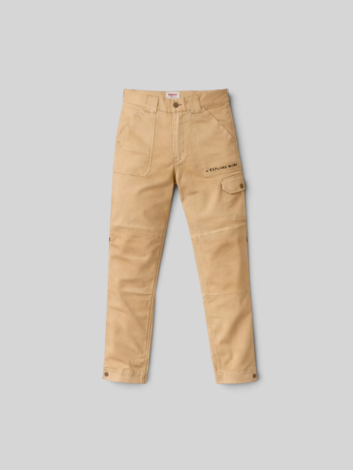 Baffle Haus Overland cargo motorcycle trousers in mustard reinforced cotton with patch pockets and Explore More embroidery