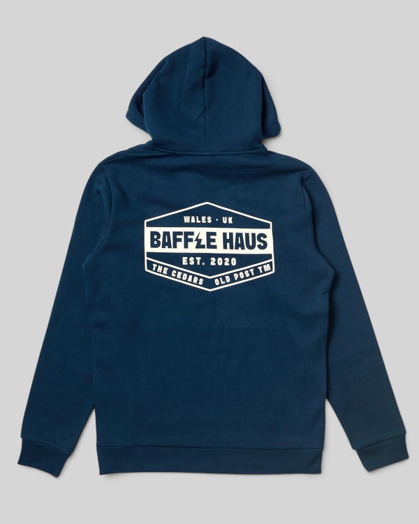 Back view of a Baffle Haus pageant blue heavyweight cotton blend hoodie featuring a white graphic logo on the back.