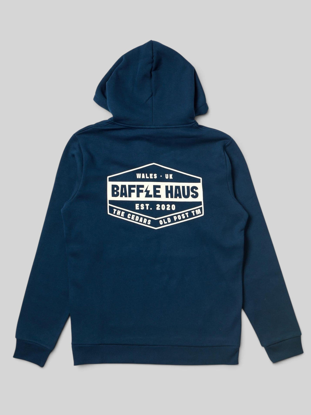 Back view of a Baffle Haus pageant blue heavyweight cotton blend hoodie featuring a white graphic logo on the back.