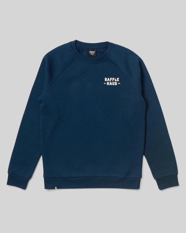 Baffle Haus Coffee & Motors sweatshirt in pageant blue, featuring a crew neck and white chest logo branding.