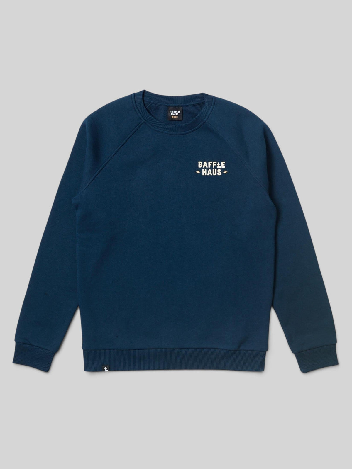 Baffle Haus Coffee & Motors sweatshirt in pageant blue, featuring a crew neck and white chest logo branding.