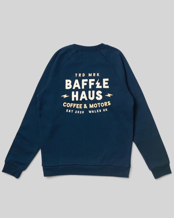 Baffle Haus Coffee & Motors sweatshirt in pageant blue with cream graphic print on the back