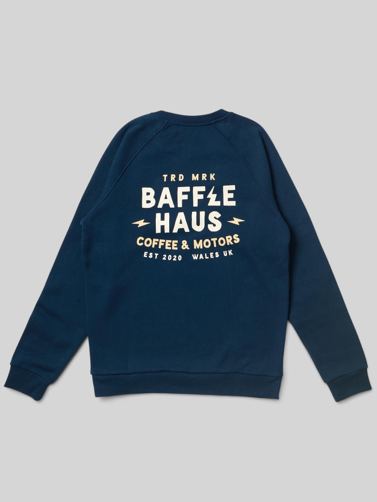Baffle Haus Coffee & Motors sweatshirt in pageant blue with cream graphic print on the back