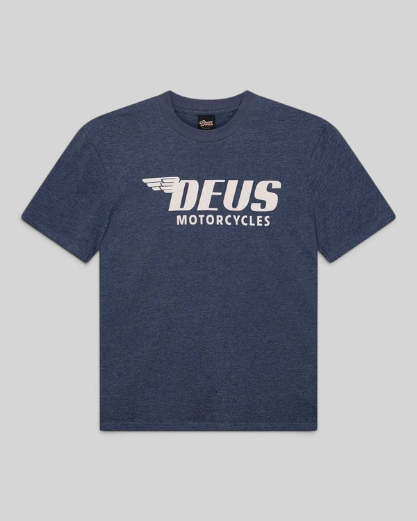 Baffle Haus Palermo box fit t-shirt in classic blue recycled cotton blend with white Deus Motorcycles front graphic