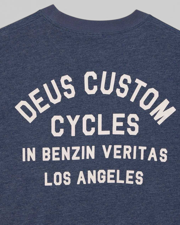 Baffle Haus Palermo Tee in classic blue recycled cotton with white vintage-style graphic print on the back