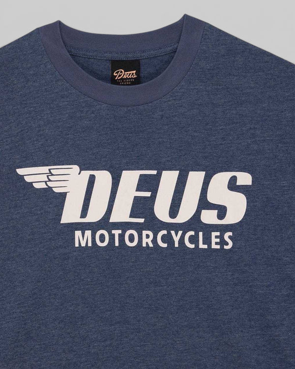 Baffle Haus Palermo Tee in classic blue recycled cotton with white Deus Motorcycles graphic print on the chest