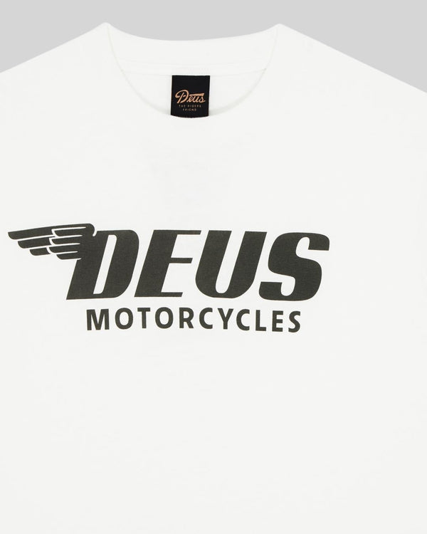 Baffle Haus Palermo Tee in dirty white recycled cotton featuring a black Deus Motorcycles graphic print on the chest