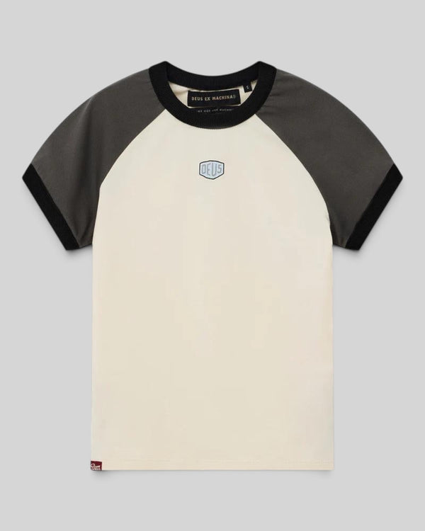 Baffle Haus Peace Out women's slim fit raglan t-shirt in cream and grey with contrast neck and sleeve detailing.