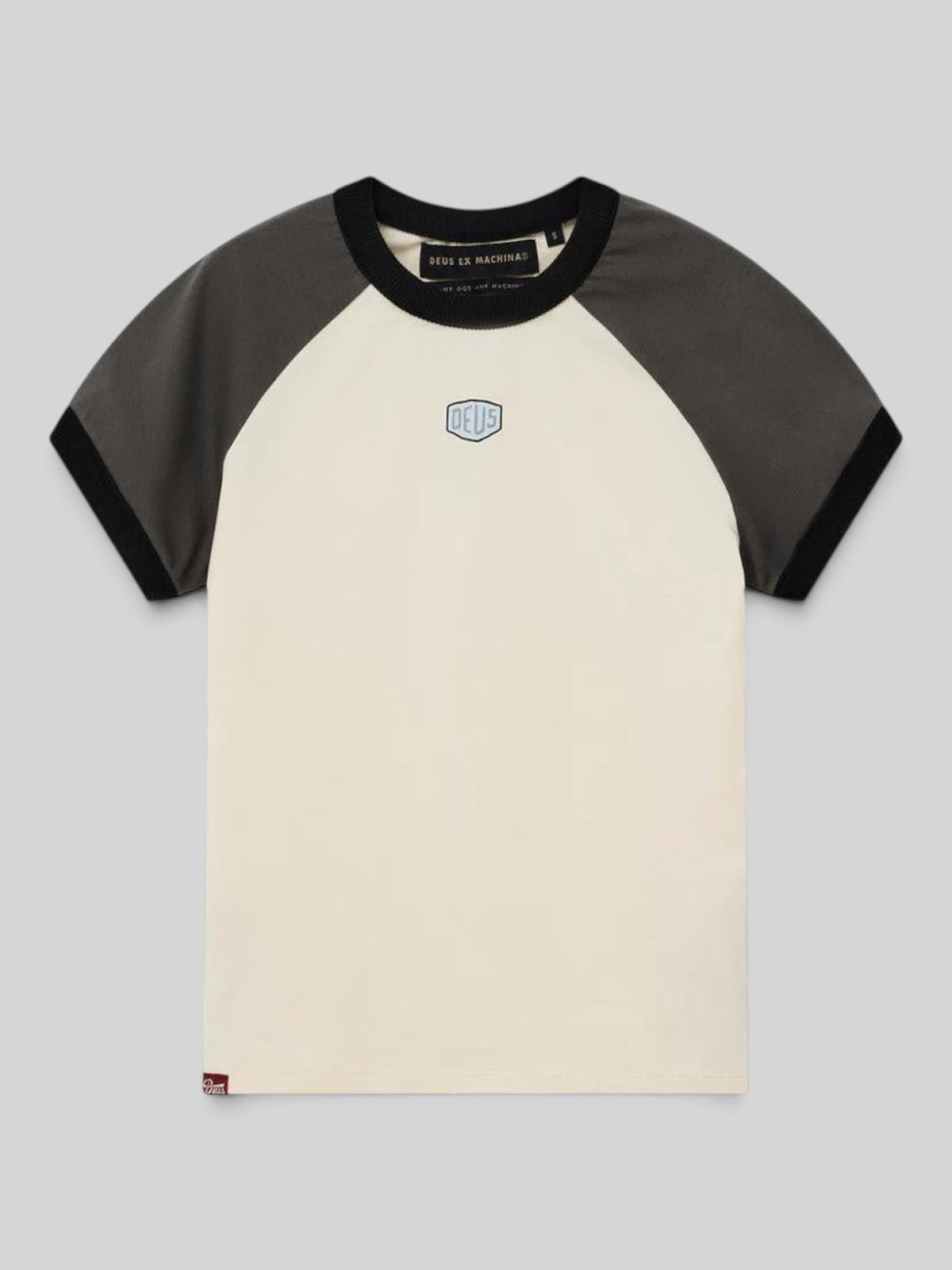 Baffle Haus Peace Out women's slim fit raglan t-shirt in cream and grey with contrast neck and sleeve detailing.
