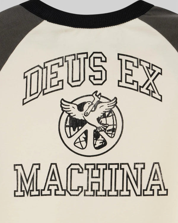 Baffle Haus Peace Out slim fit raglan tee in grey and cream with vintage Deus Ex Machina graphic print on the back
