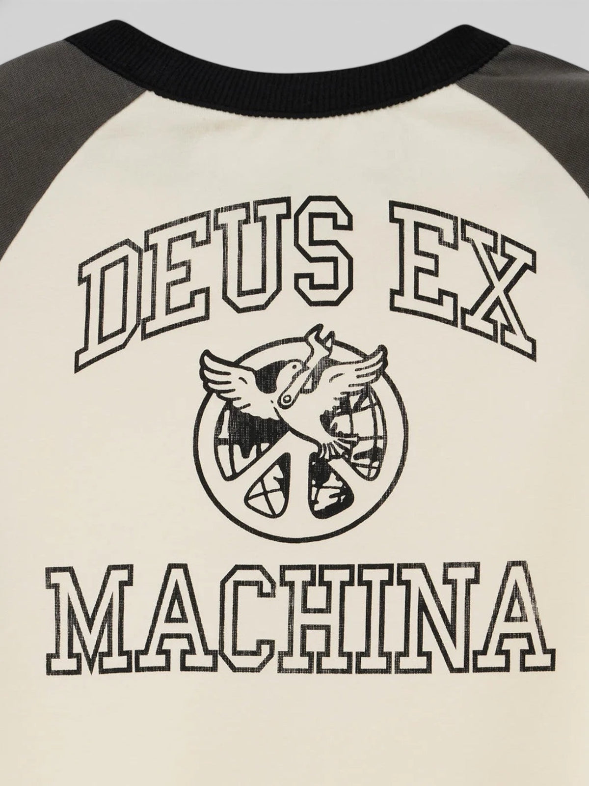 Baffle Haus Peace Out slim fit raglan tee in grey and cream with vintage Deus Ex Machina graphic print on the back