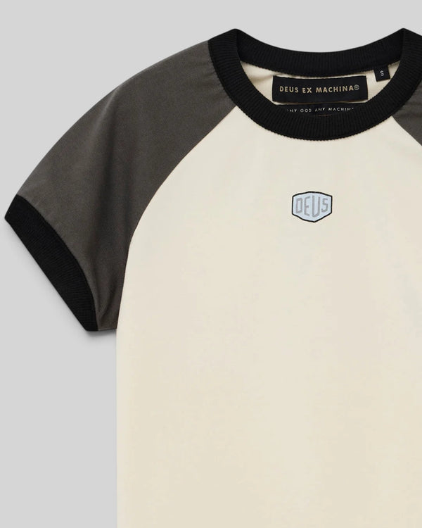 Baffle Haus Peace Out women's slim fit raglan t-shirt in cream and grey with black trim and Deus logo chest patch