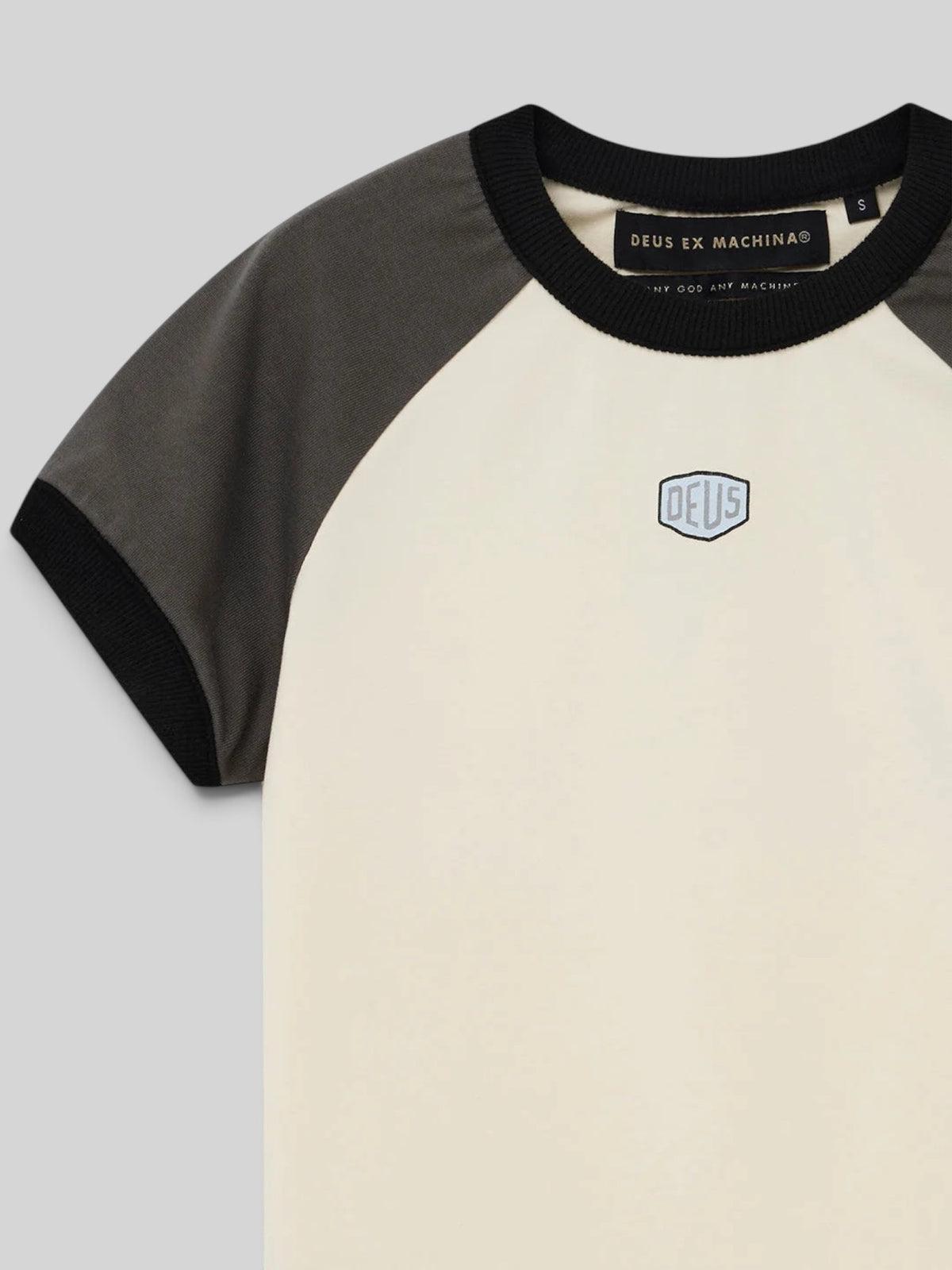Baffle Haus Peace Out women's slim fit raglan t-shirt in cream and grey with black trim and Deus logo chest patch