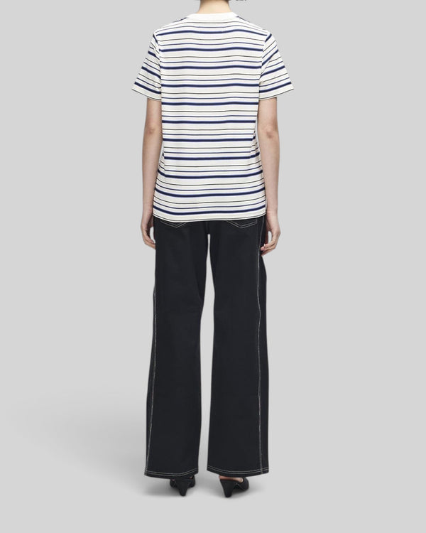 Baffle Haus Pierre Stripe Tee in cream and blue cotton, back view showing classic fit and horizontal stripes
