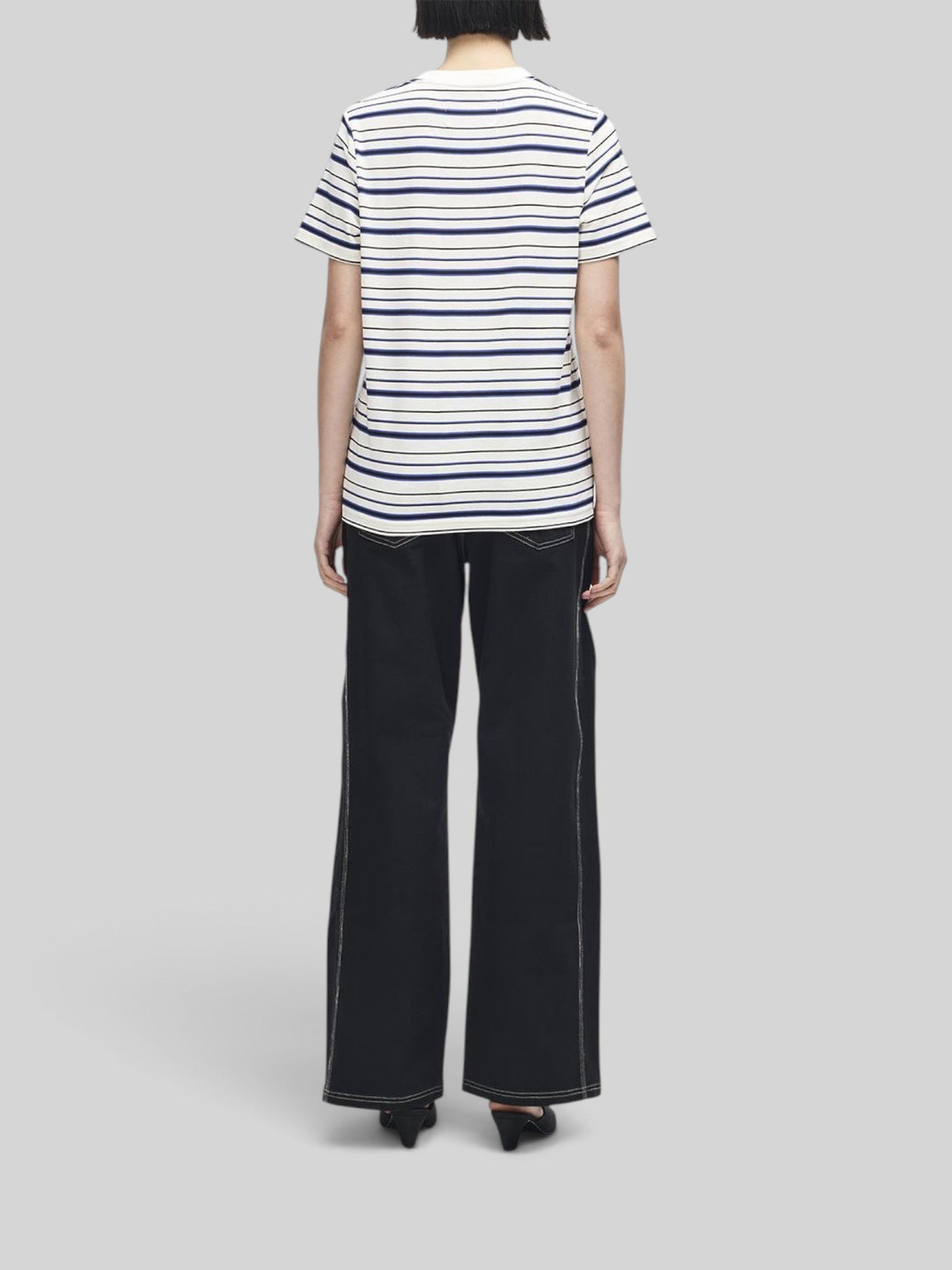 Baffle Haus Pierre Stripe Tee in cream and blue cotton, back view showing classic fit and horizontal stripes