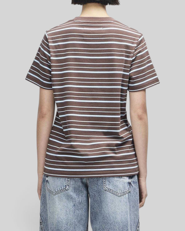Baffle Haus Pierre stripe tee in java brown and baby blue cotton, back view showing classic fit and short sleeves