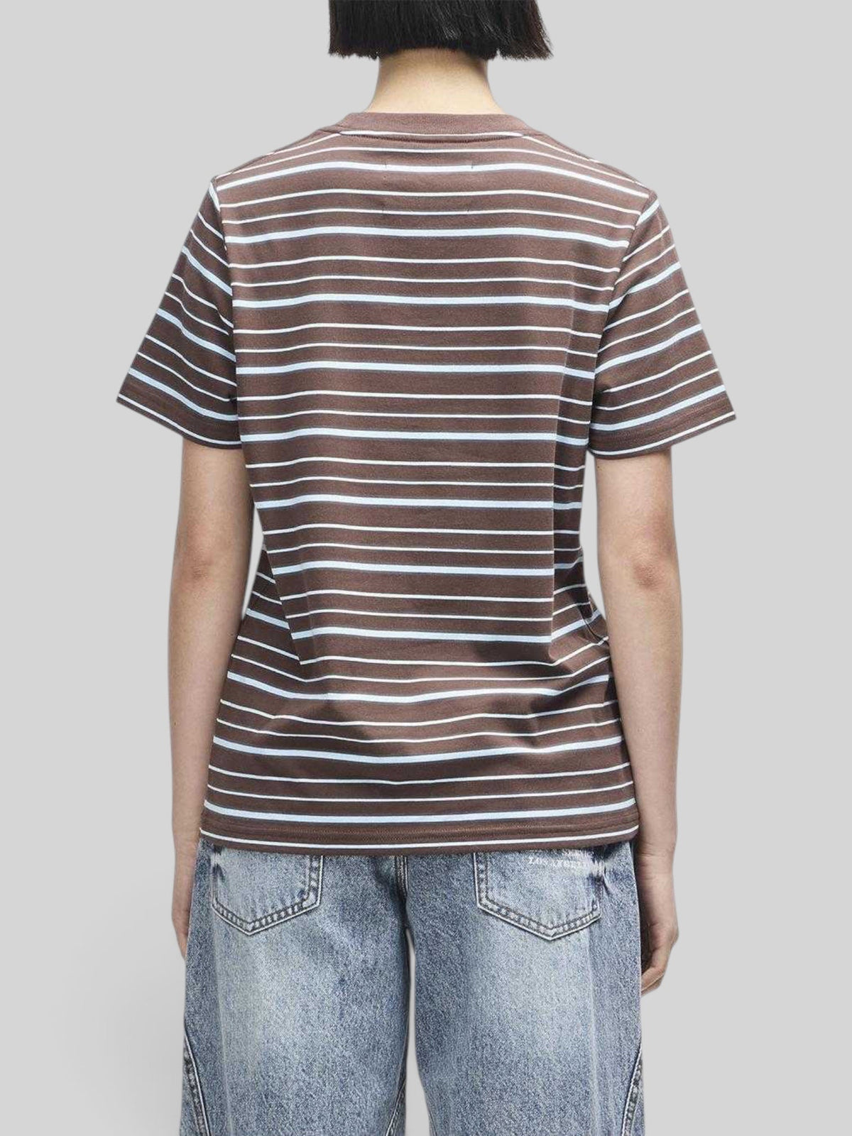 Baffle Haus Pierre stripe tee in java brown and baby blue cotton, back view showing classic fit and short sleeves