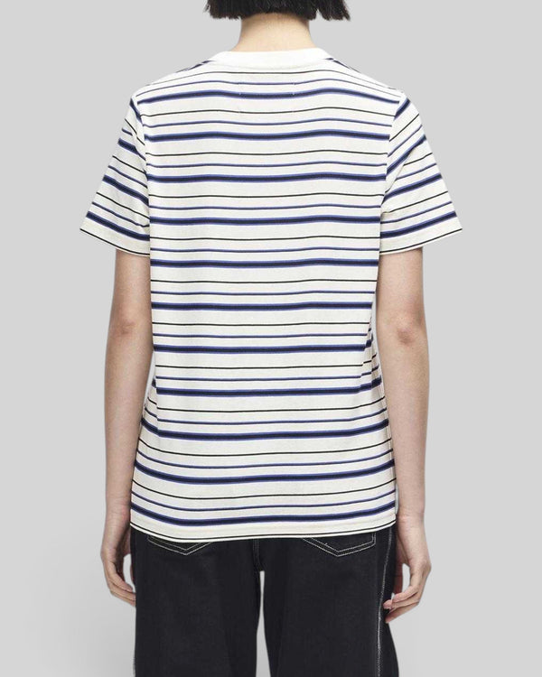 Back view of Baffle Haus Pierre Stripe Tee in cream and blue cotton with a classic fit and short sleeves
