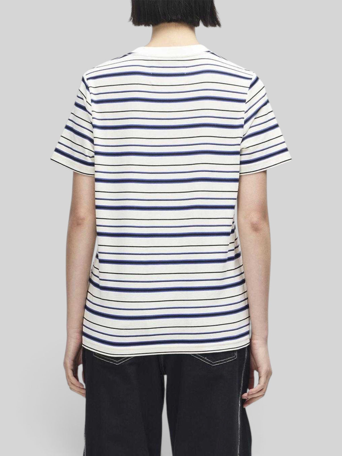 Back view of Baffle Haus Pierre Stripe Tee in cream and blue cotton with a classic fit and short sleeves