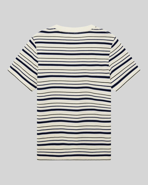 Baffle Haus Pierre stripe tee in cream and blue cotton with a classic fit and short sleeves, back view.