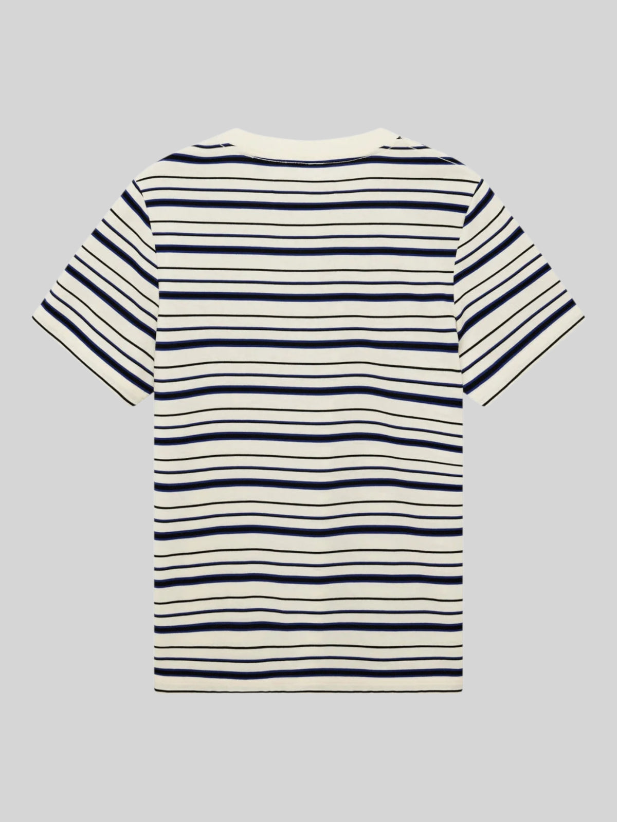 Baffle Haus Pierre stripe tee in cream and blue cotton with a classic fit and short sleeves, back view.