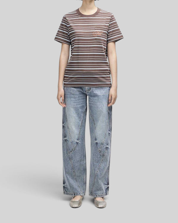 Baffle Haus Pierre stripe tee in java brown and baby blue cotton with a chest pocket and contrast embroidery