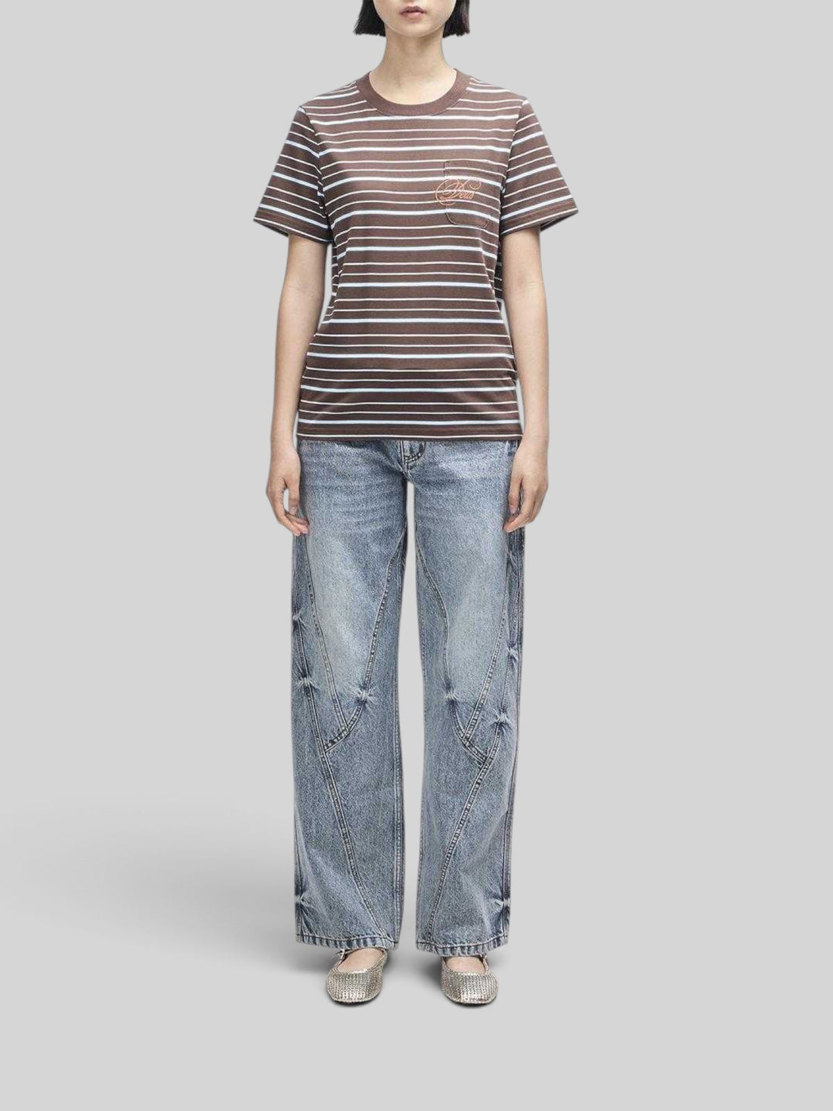 Baffle Haus Pierre stripe tee in java brown and baby blue cotton with a chest pocket and contrast embroidery