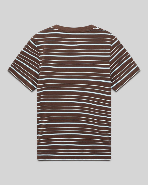 Baffle Haus Pierre stripe tee in java brown and baby blue soft cotton with a classic fit