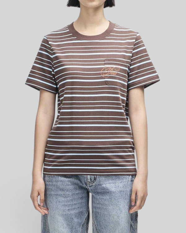 Baffle Haus Pierre stripe tee in java brown and baby blue cotton with a chest pocket and contrast embroidery