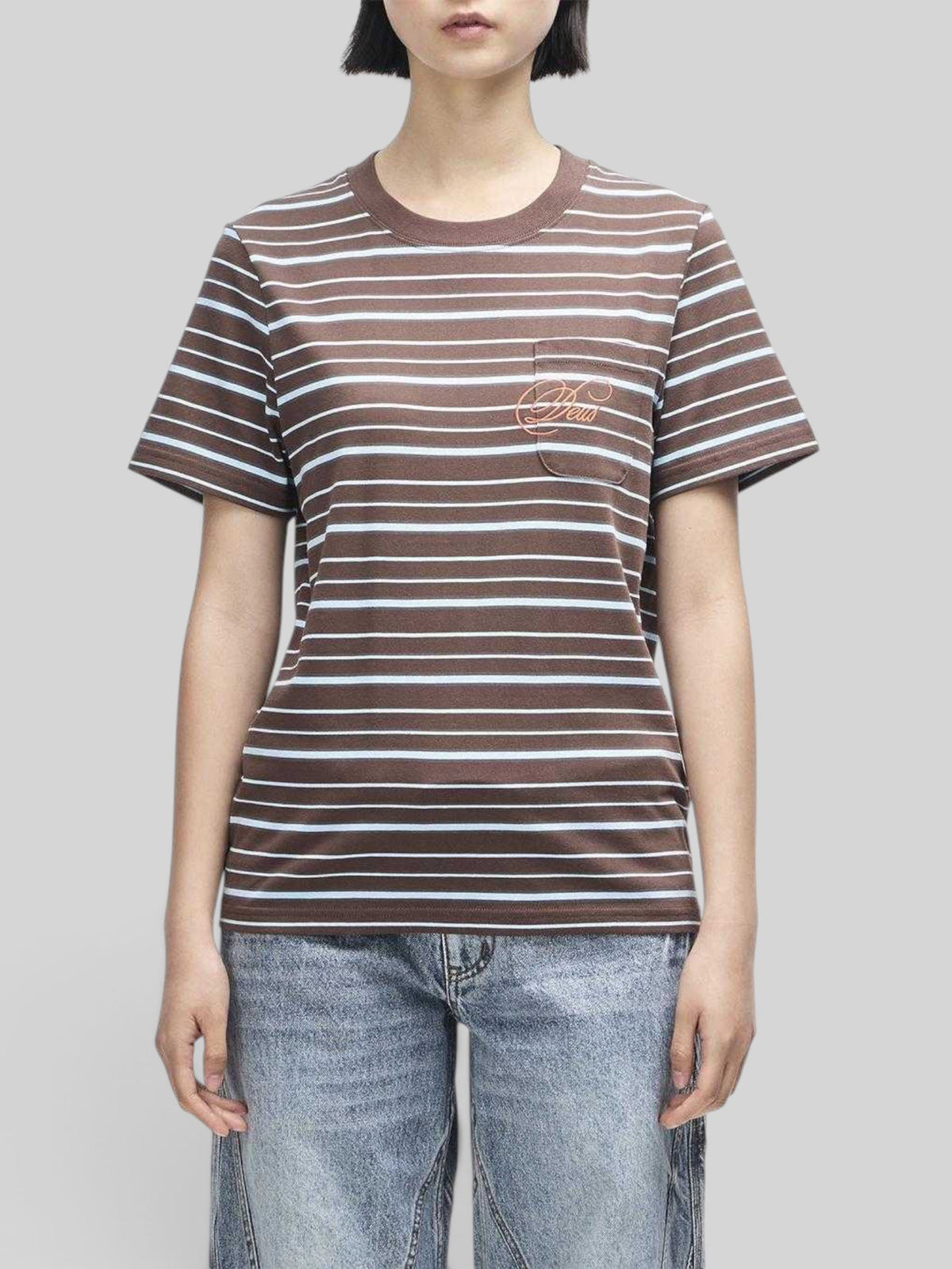Baffle Haus Pierre stripe tee in java brown and baby blue cotton with a chest pocket and contrast embroidery