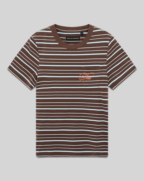 Baffle Haus Pierre stripe tee in java brown and baby blue cotton with a chest pocket and contrast embroidery