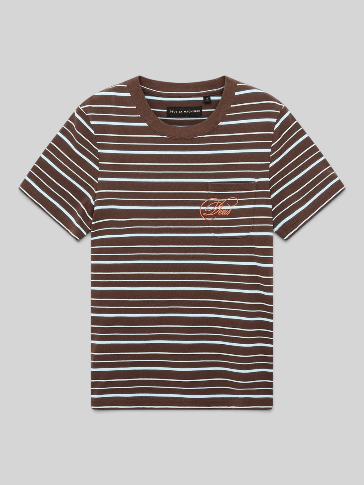 Baffle Haus Pierre stripe tee in java brown and baby blue cotton with a chest pocket and contrast embroidery