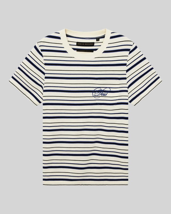 Baffle Haus Pierre Stripe Tee in cream and blue cotton with a chest pocket and contrast blue embroidery.
