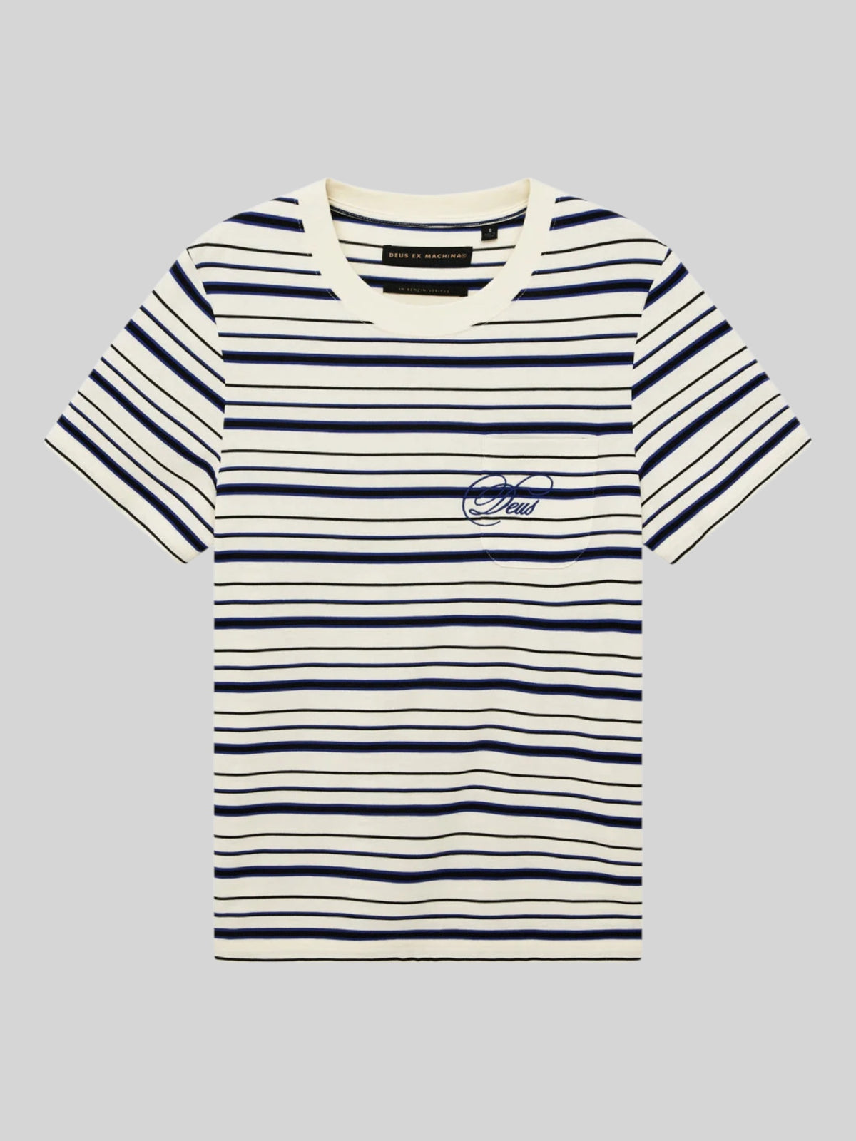 Baffle Haus Pierre Stripe Tee in cream and blue cotton with a chest pocket and contrast blue embroidery.