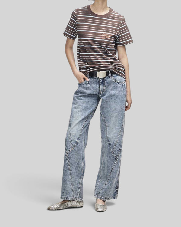 Baffle Haus Pierre stripe tee in java brown and baby blue cotton with a chest pocket and contrast embroidery